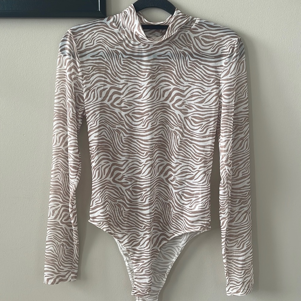 Princess Polly sheer mock neck bodysuit in brown zebra print